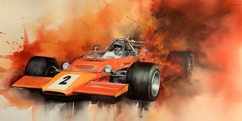 Oldschool formula racing car, watercolor painting style, generative ai