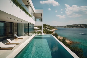 Fototapeta na wymiar house standing on the rock above the sea with terrace and swimming pool during day - Generative AI