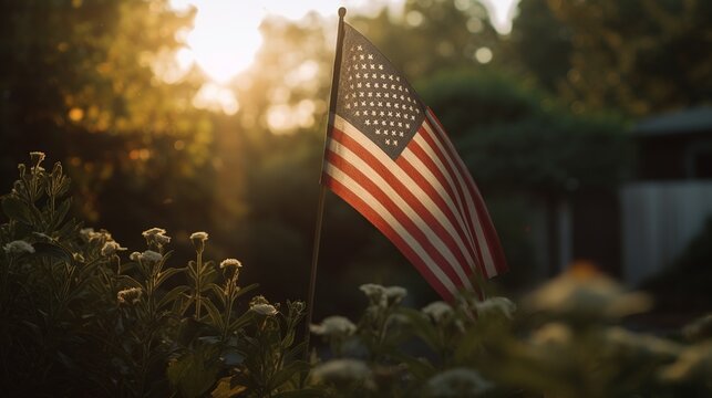 US flag swaying in warm sunset light, honoring Memorial Day. generative ai
