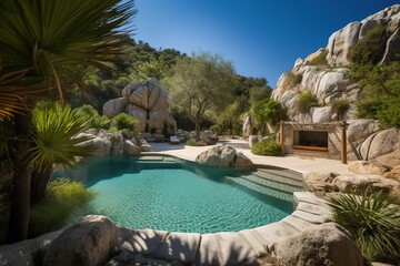 Luxury home backyard swimming pool with natural rocks and relaxing cave - generative AI