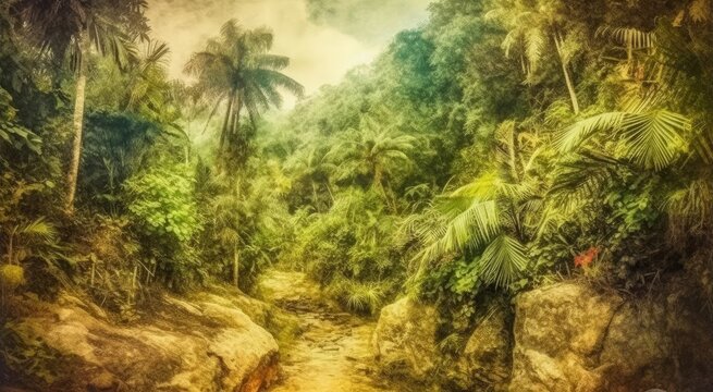 Jungle lush setup, dark greens, watercolor painting style, generative ai
