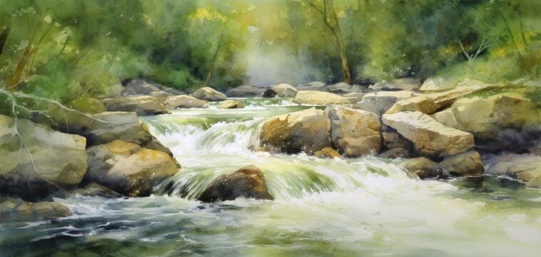 Natural river landscape, watercolor painting, generative ai