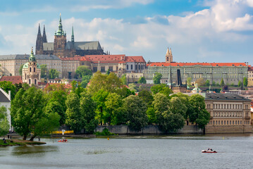 Prague cityscape with Prague castle and Vltava river at sunset, Czech Republic
