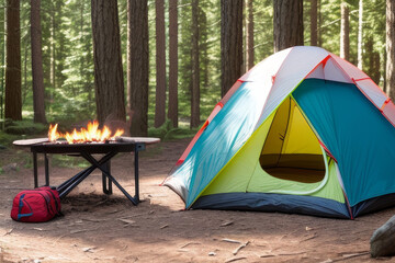 there is a tent in the middle of the woods.