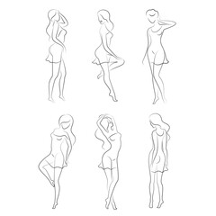 Collection. Silhouette of a woman in a modern continuous line style. The girl is slim and beautiful. Lady suitable for decor, posters, stickers, logo. vector illustration set