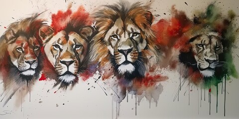 Impressive Lions in Nature, Watercolor painting, generative ai