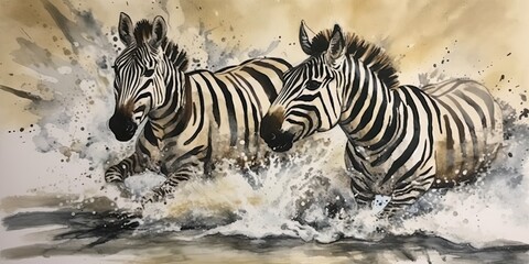 Fototapeta na wymiar Zebra during a safara trip, watercolor painting style, generative ai