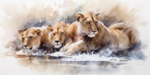 Impressive Lions in Nature, Watercolor painting, generative ai - obrazy, fototapety, plakaty