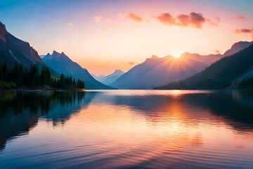 Mystische Morgenstimmung am Seeufer, generative KI