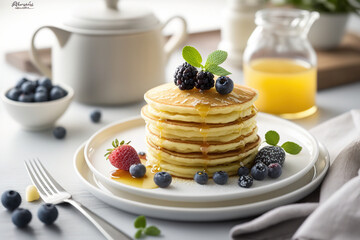 Delicious vegan pancakes with fruits on white table background. Generative AI