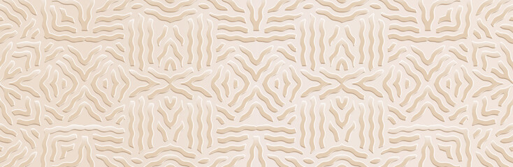 Fototapeta premium Banner, cover design. Embossed ethnic 3D tribal boho pattern, handmade, ornaments. Minimalistic geometric light background, press paper. Creativity of the East, Asia, India, Mexico, Aztecs, Peru.