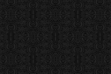 Embossed ethnic black background, tribal cover design. Geometric abstract 3D pattern, press paper, leather. Boho, handmade. Dudling, zentangle. Countries of the East, Asia, India, Mexico, Aztecs, Peru