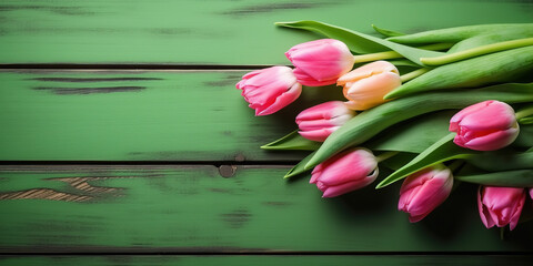 Tulip border with copy /ad space. Beautiful frame composition of spring flowers. Bouquet of  pink tulips flowers on green vintage wooden background