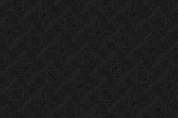Embossed ethnic black background, tribal cover design. Geometric art 3D pattern, press paper, leather. Boho, handmade. Dudling, zentangle. Countries of the East, Asia, India, Mexico, Aztecs, Peru.