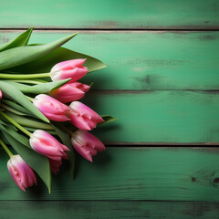 Tulip border with copy /ad space. Beautiful frame composition of spring flowers. Bouquet of  pink tulips flowers on green vintage wooden background