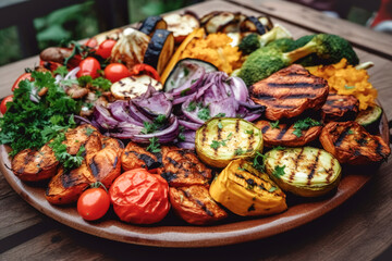 Various barbecue grilled vegetables laid out beautifully on a large dish. vegetarian barbecue, party, summer holidays