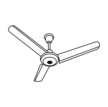black and white line art, fan vector illustration.Ceiling fan with light. Vector outline icon isolated on white background. Generic hvac appliance. Black and white coloring picture. 