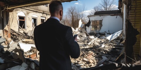 insurance adjuster inspecting a damaged property, set against a professional, investigative background, concept of Forensic examination, created with Generative AI technology