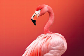 Flamingo portrait on pastel colored background. Exotic bird. Creativity banner. Created with Generative AI