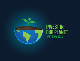 Earth day concept - Invest in our planet. Earth map shapes with trees water and shadow. Save the Earth concept. Happy Earth Day, 22 April.