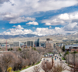Capital boulevard in Boise Idaho with skyline and foothills