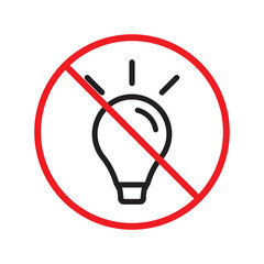No bulb vector icon. Forbidden lamp icon. No idea flat sign design. Prohibited light symbol. Warning, caution, attention, restriction pictogram. Do not turn on light icon label danger ban stop. 