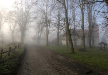 Country old road in the morning spring fog.
