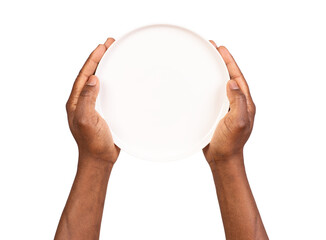 Human hand holding an empty white plate isolated on white or transparent background, top view