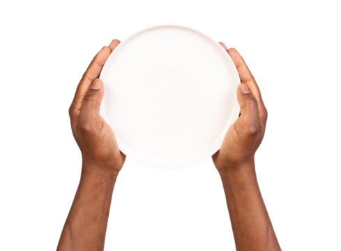 Human hands holding an empty white plate isolated on white or transparent background, top view