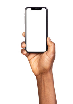 Hand holding smart phone with blank screen isolated on transparent or white background 