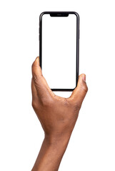 Hand holding smart phone with blank screen isolated on transparent or white background