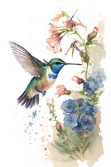 hummingbird and flowers watercolor art generative ai