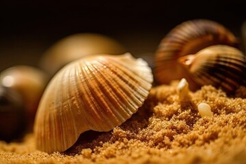 Seashells on a sandy beach in close-up selective focus for a screensaver or commercial. Generative AI