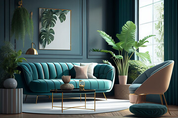 Obraz premium Stylish living room interior modern apartment and trendy furniture, plants and elegant accessories. Home decor. Generative Ai.