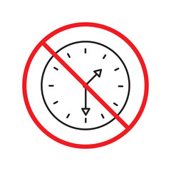 Prohibited clock vector icon. No clock flat sign design. Forbidden clock icon. Warning, caution, attention, restriction, danger label ban symbol pictogram