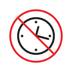 Prohibited clock vector icon. No clock flat sign design. Forbidden clock icon. Warning, caution, attention, restriction, danger label ban symbol pictogram