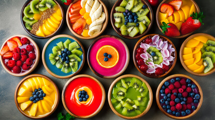 Various smoothie bowls with various vibrant fruit and berry toppings, AI generative flat lay, overhead top view