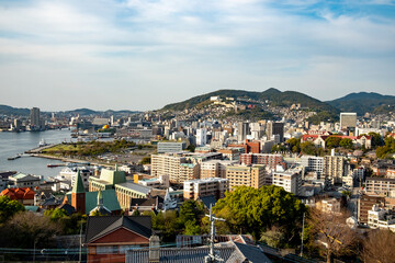 Fototapeta na wymiar view to skyline of Nagasaki with harbor