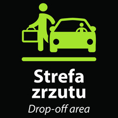 plakat informujący o zatrzymaniu minutowym w języku polskim i angielskim w kolorze białym, reprezentowany przez piktogram samochodu z kierowcą i pasażerem obok niego w kolorze zielonym na czarnym tle - obrazy, fototapety, plakaty