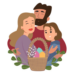 Happy easter. Cheerful family with baskets full of eggs. Dad, mom and daughter celebrate a religious holiday together. Vector illustration in cartoon style.
