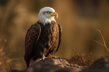 Fototapeta premium Beautiful and majestic bald eagle / American eagle on a stone. Autumn background with yellow, brown and green colors. AI Generative