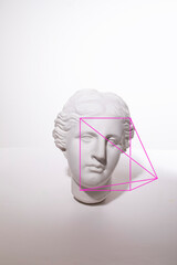 Face ID concept, facial recongnition and identity detection algorithms. Art composition with face scanning wireframe