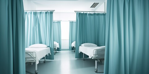 A row of pristine hospital beds and privacy curtains, contrasted against a calming background, concept of Medical environment, created with Generative AI technology