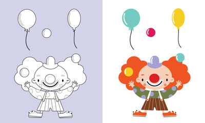 vector image of a clown with balloons. coloring page with a juggling clown in bright colors. illustration isolated for themed children's parties and prints.
