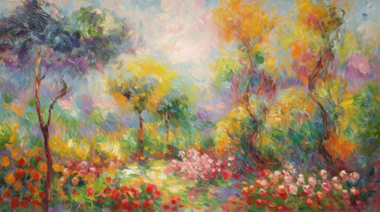 Obraz na płótnie Canvas Springtime garden view in Mediterranean country, AI generative illustration