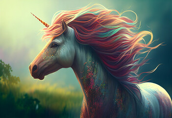 Obraz na płótnie Canvas A fabulous unicorn with a huge developing mane walks across the field. AI Generated