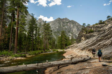 Two Hikers Pass A Large Downed Tree Trunk Along The Grand Canyon Of The Tuolumne River