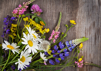 Wild flowers on old grunge wooden background (chamomile lupine dandelions thyme mint bells rape)