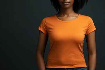 Black woman model wearing a plain orange short sleeved t-shirt, isolated on a blank background. Mock-up, torso only. Generative AI illustration.