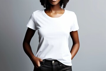 Black woman model wearing a plain white short sleeved t-shirt, isolated on a blank background. Mock-up, torso only. Generative AI illustration.